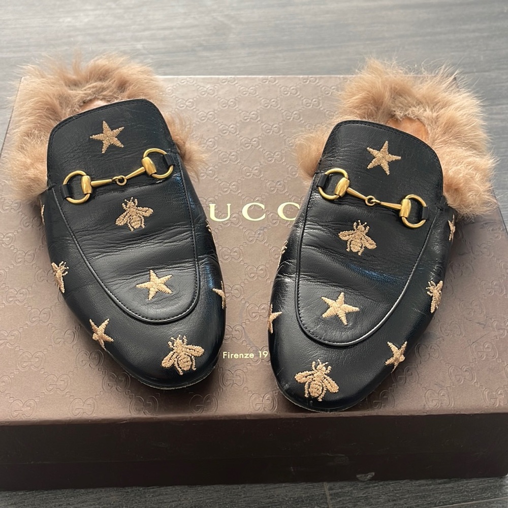 Gucci Princetown bee mule loafer with fur! Size 39